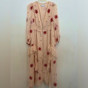 ASOS DESIGN shirred waist button, midi tea dress w embroidery in beige and red